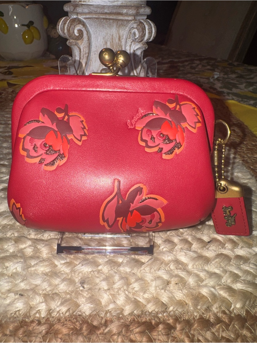 Authentic 1941 Coach Kiss Lock Red Floral Leather Mini Purse- True Treasure Find